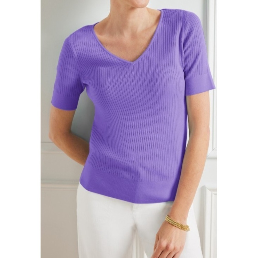 Talbots Petite Sz S Purple Knit Short Sleeve Sweater V-Neck Ribbed Classic Lagen